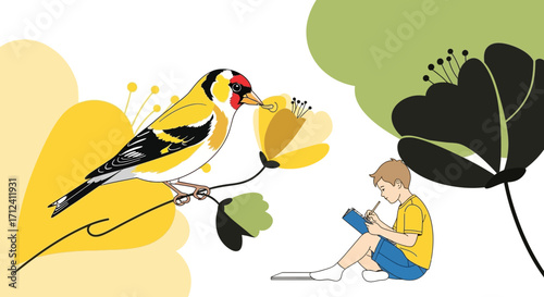 A Serene Illustration Of A Bird, Flower, And Young Person Sketching Outdoors