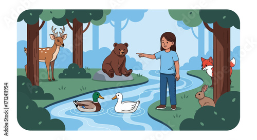A Cheerful Scene of Forest Residents Interacting Near a Flowing Stream