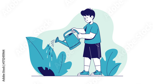 A Cheerful Youngster Watering Lush Plants, Symbolising Growth and Cultivation