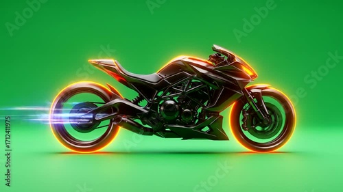 Futuristic motorcycle with vibrant neon lighting against a solid green backdrop.
