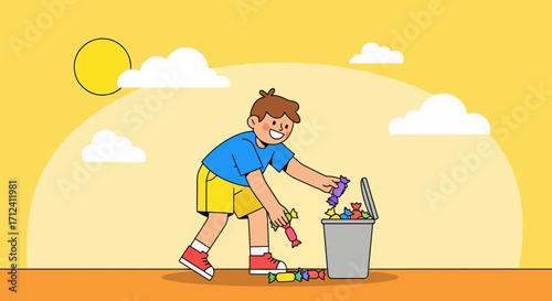 A Cheerful Youngster Discards Candy, Symbolizing a Healthy Lifestyle Concept
