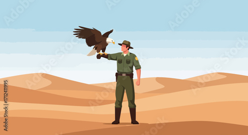 A Skilled Falconry Expert Trains a Majestic Eagle in the Burning Desert Landscape