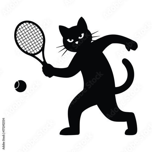 Black cat playing tennis with racket and ball silhouette