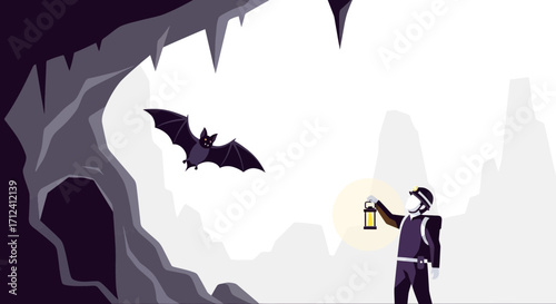 A Spelunker Exploring a Cave Illuminated by a Lamp Encountering a Bat