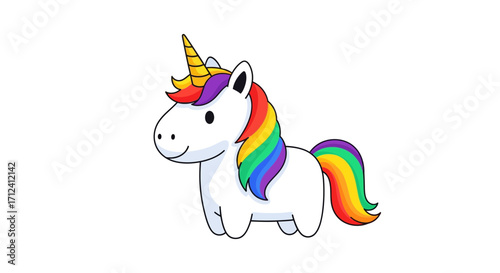 Charming cartoon unicorn with a vibrant rainbow mane and tail, standing playfully against a clean white background, embodying magic, childhood wonder, and fantastical charm