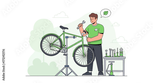 A Smiling Technician Inspects And Repairs A Bicycle For A Person On A Green Landscape