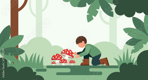 A Child Gathering Vivid Red Mushrooms Amidst a Serene Forest Environment