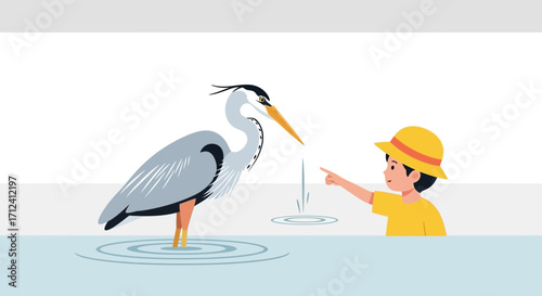 A Child Points To The Heron In The Water In A Playful And Engaging Scene