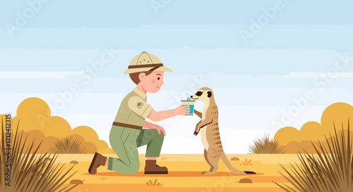 A Sympathetic Zookeeper Cares For Thirsty Meerkat In The Desert Landscape Scene