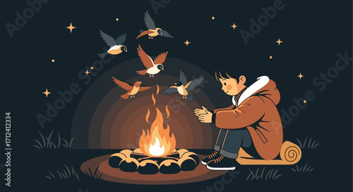 A Tender Evening: Warmth Shared with Nature's Companions Under The Starlit Sky
