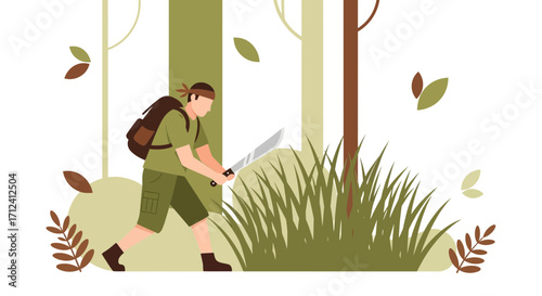 A Vector Illustration Of An Explorer Forging Through a Lush, Green Forest