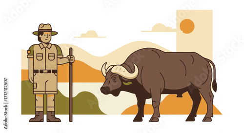 A Unique Conceptual Safari Image Featuring a Zookeeper And A Majestic African Buffalo