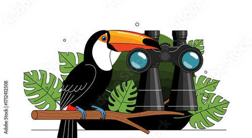 A Colorful Toucan Perched Beside Binoculars Amid Green Foliage Illustration