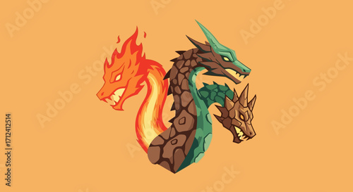 Three-Headed Dragon - A Mythical Beast with Fire, Earth, and Water.