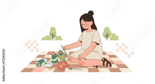 A Concerned Individual Cleans Up Trash After A Picnic In An Environmental-Focused Depiction