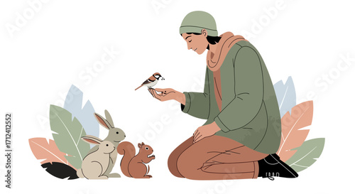A Compassionate Person Bonded With Animals in Nature and Showing Calm Affection Around