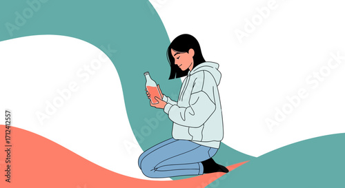 A Contemplative Person, Holding A Drink, Imagined in A Simplified Style, Modern Aesthetic