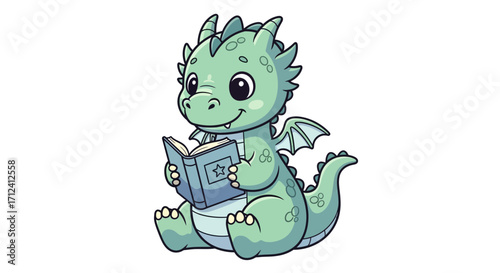 Adorable little green baby dragon happily engrossed in reading a magical storybook, perfect for inspiring children's learning and imagination in a whimsical world