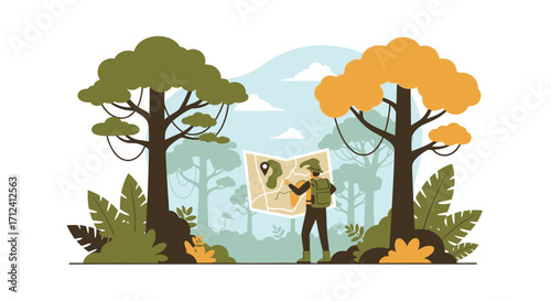A Wanderer Inspecting The Geographical Guidelines Within A Mysterious Forest Landscape