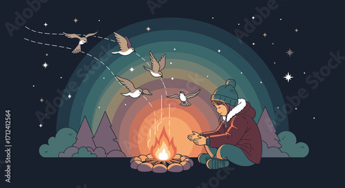 A Warm Evening Illustration, A Person Warms Up By The Fire With Birds Flying Around