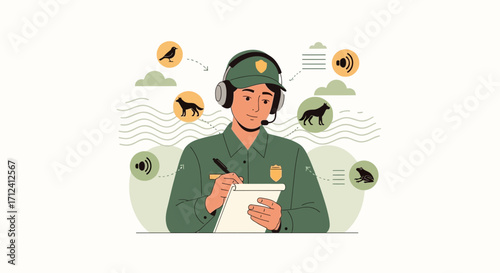 A Conservationist Capturing Animal Sounds and Documents in Vector Illustration Style