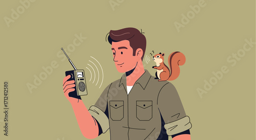 A Conversational Squirrel With Man Communicating On A Radio, Nature's Signals