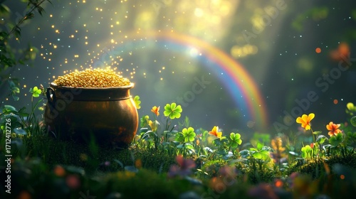 Golden Pot Of Gold At Rainbows End In Clover Field
