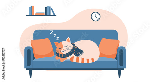 A Cozy Cat Napping on a Blue Couch Next To Cute Pillows and a Wall Clock.