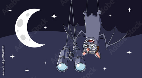 A Curious Bat Wearing Goggles Observing The Moon And Stars During The Night