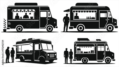 Food truck silhouette with customers standing and ordering, mobile street food service, outdoor food vendor, food truck business, fast food on wheels, urban street food culture, takeaway food concept