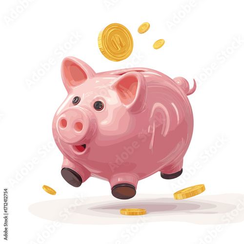 A joyful pink piggy bank leaps with happiness as golden coins rain down, a vibrant illustration of successful savings, investment growth, and financial prosperity