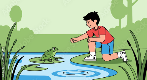 A Curious Boy Interacts With A Frog On A Lily Pad Above A Pond