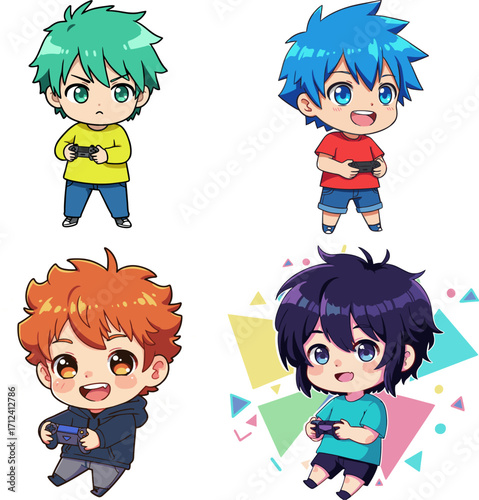 Gaming Chibi Characters Colorful Kids Playing Video Games