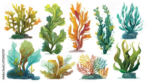 Colorful Cartoon Underwater Scene with Algae and Seaweed Plants