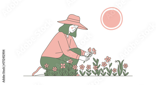 A Woman in a Wide Brimmed Hat Gathers Flowers in the Garden Under the Sun
