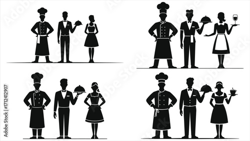 Restaurant staff team silhouette including chef, waiter, and waitress in uniform, professional hospitality team, restaurant service staff, food service industry, dining experience, restaurant teamwork