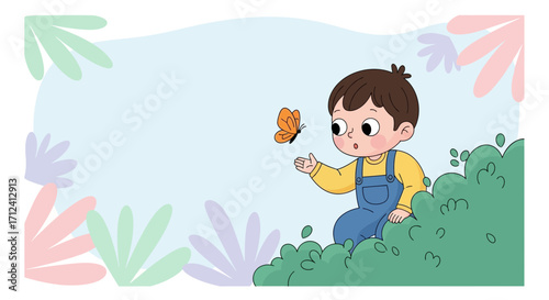 A Curious Child Interacting With An Orange Butterfly In A Colorful Garden Setting