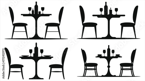 Romantic dinner silhouette with wine bottle, glasses, candles, and elegant table setting for two, intimate dining experience, cozy couple dinner, love and romance, candlelight dinner concept