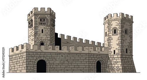 A detailed illustration of a historic stone castle with two prominent towers and battlements.