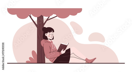 A Woman Reading A Book Sitting Near A Tree In The Shade Of Nature