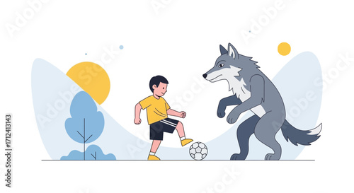 A Curious Encounter: A Boy Plays Soccer With A Surprisingly Gentle Gray Wolf Today