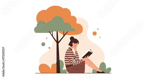 A Woman Reads A Book Under The Shade Of A Tree In A Relaxing Setting
