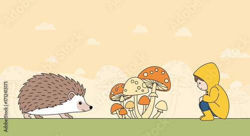 A Curious Encounter: Child, Hedgehog, And Fungi In An Autumnal Illustration.