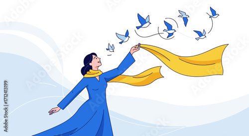A Woman Releases Birds Conveying Hope, Freedom, and Movement, a Conceptual Design