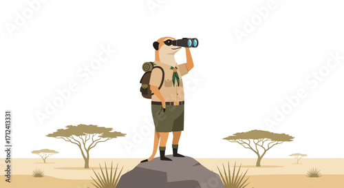 A Curious Meerkat Explorer Observing The Landscape Through Binoculars On A Rock Formation