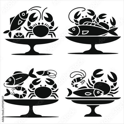 Seafood Platter Vector Silhouettes: Crab, Fish, Shrimp on Serving Dish. Isolated Icons Set for Restaurant Menu, Market Logo, and Culinary Design. Black Graphic.