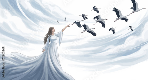 A Woman Touching Cranes In A Dreamlike Realm, A Moment Of Whimsy and Freedom