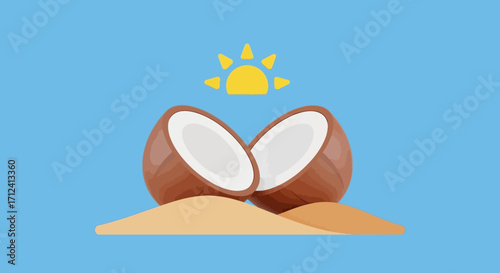 Two halves of a coconut on a sandy beach under a bright sun.