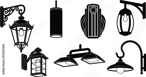 Vintage wall lantern silhouettes, retro outdoor light fixtures, decorative wall mounted lamps, classic exterior lighting design, black vector lamp collection illustration