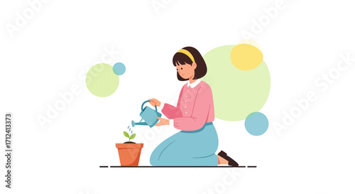 A Woman Waters Plants, Nurturing Blossoming Life, Promoting Healthy Growth, and Cultivation